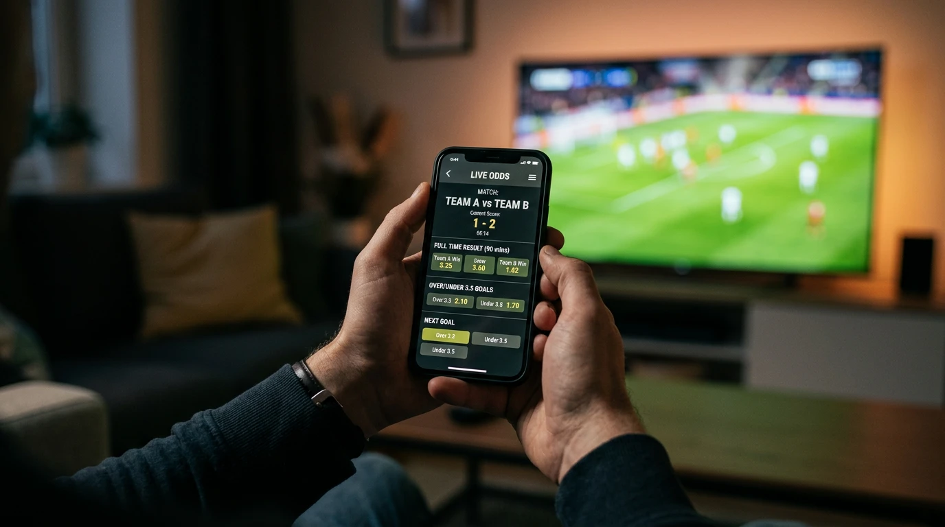 Sázení na fotbal přes mobilní aplikaci během sledování zápasu